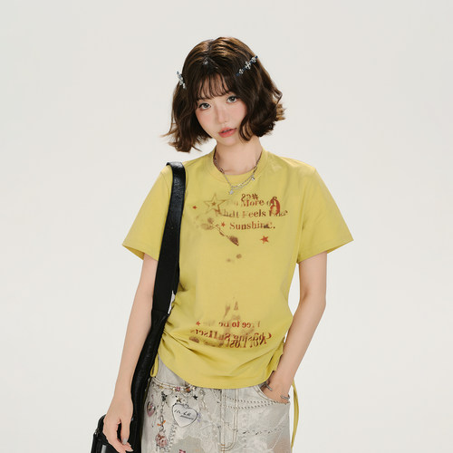 Girlyhalo美式复古印花圆领短袖t恤女夏季新款抽绳设计感宽松上衣