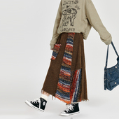 Girlyhalo美式 复古不规则彩砂拼接半身裙女秋冬高腰中长款 A字长裙