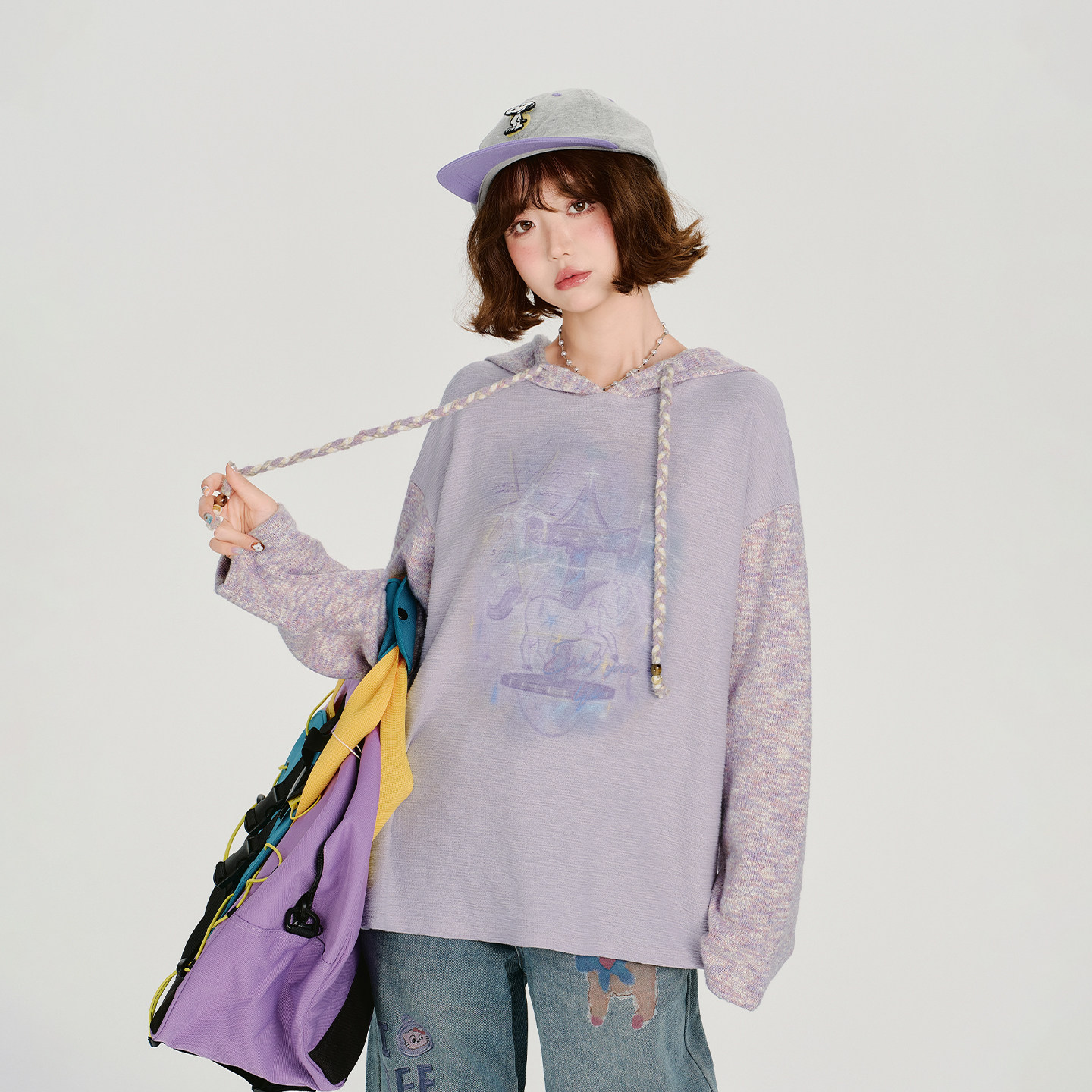 Girlyhalo美式复古印花撞色连帽长袖卫衣女秋冬季设计感宽松上衣