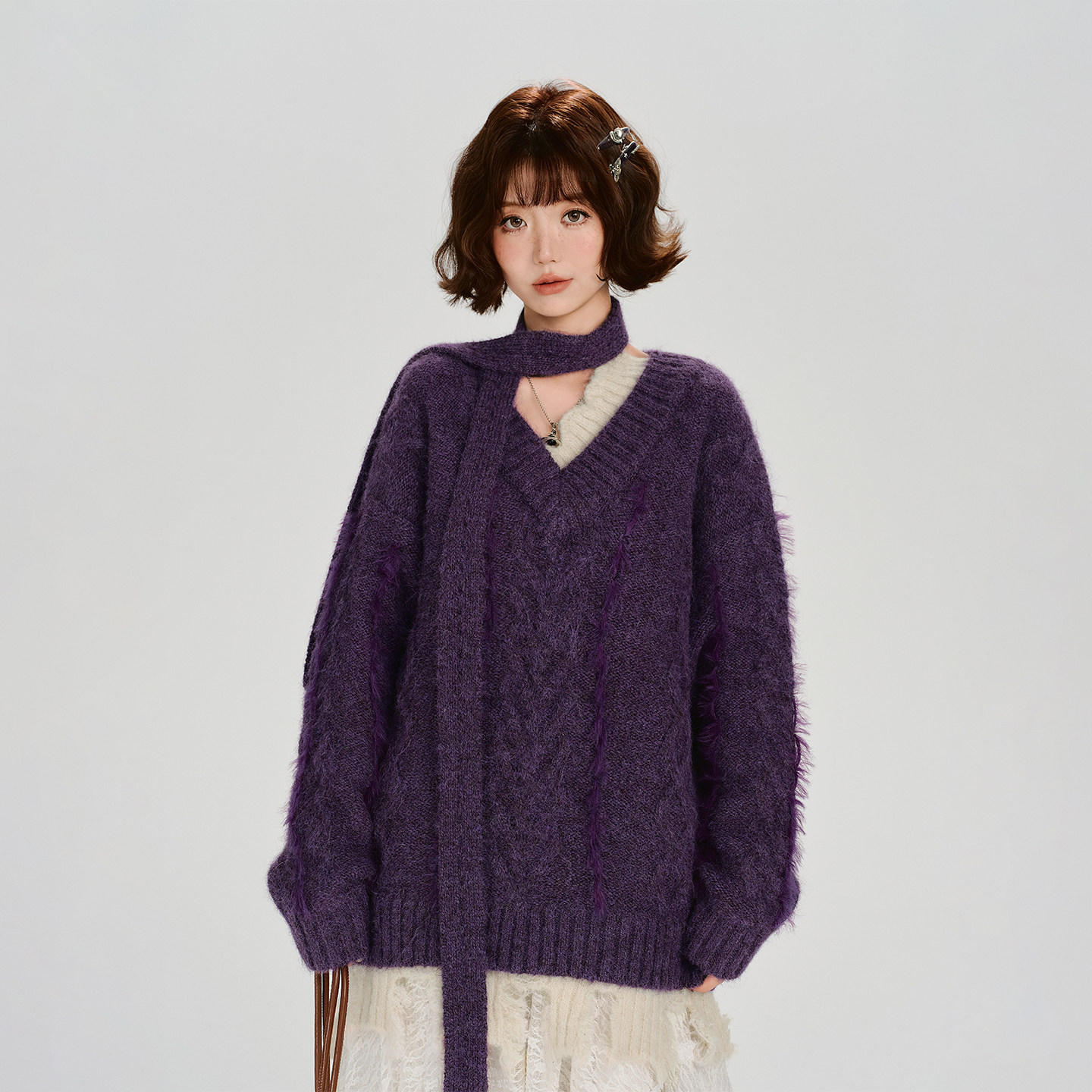 Girlyhalo美式复古假两件麻花v领毛衣女冬季新款加厚保暖宽松上衣