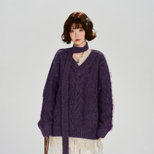 Girlyhalo美式复古假两件麻花v领毛衣女冬季新款加厚保暖宽松上衣