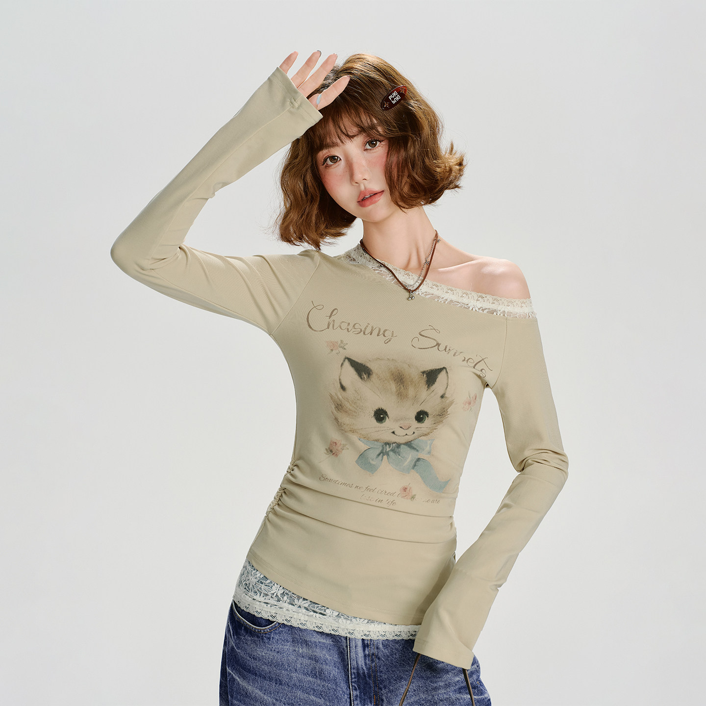 Girlyhalo美式复古辣妹印花蕾丝边长袖t恤女秋季新款修身显瘦上衣,女装/女士精品,T恤,淘宝优惠券,粉丝福利购,淘宝优惠卷