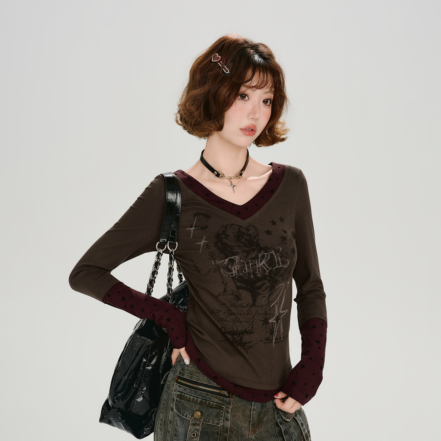 Girlyhalo美式复古辣妹拼接假两件印花长袖t恤女春季新款修身上衣