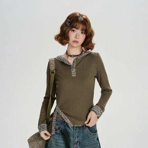 Girlyhalo美式复古设计感连帽长袖t恤女秋季新款开衩修身显瘦上衣