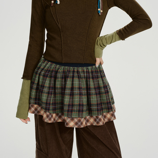 Girlyhalo美式复古双层格纹半身裙女休闲小众百搭叠穿屁帘