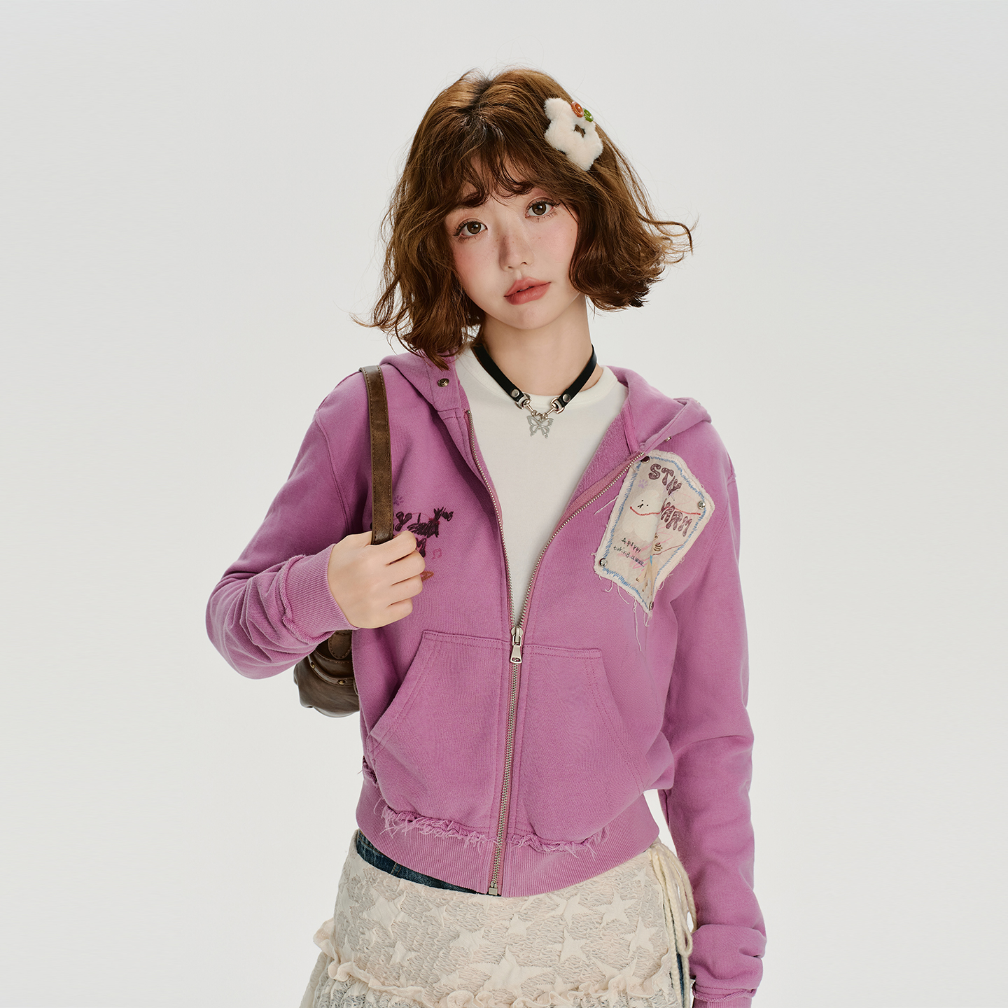 Girlyhalo美式复古水洗做旧连帽卫衣外套女秋新款短款设计感上衣