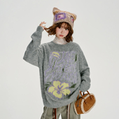 Girlyhalo美式 软糯宽松针织上衣 复古提花圆领套头毛衣女秋冬新款