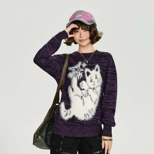 宽松慵懒上衣 新款 Girlyhalo美式 复古提花针织套头圆领毛衣女秋季