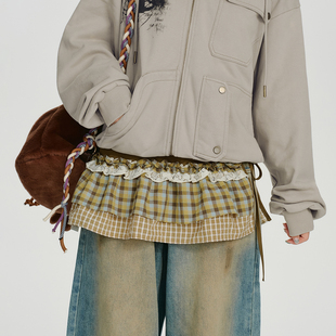 Girlyhalo美式 系带屁帘 复古叠穿百搭多层格纹蕾丝花边一片式