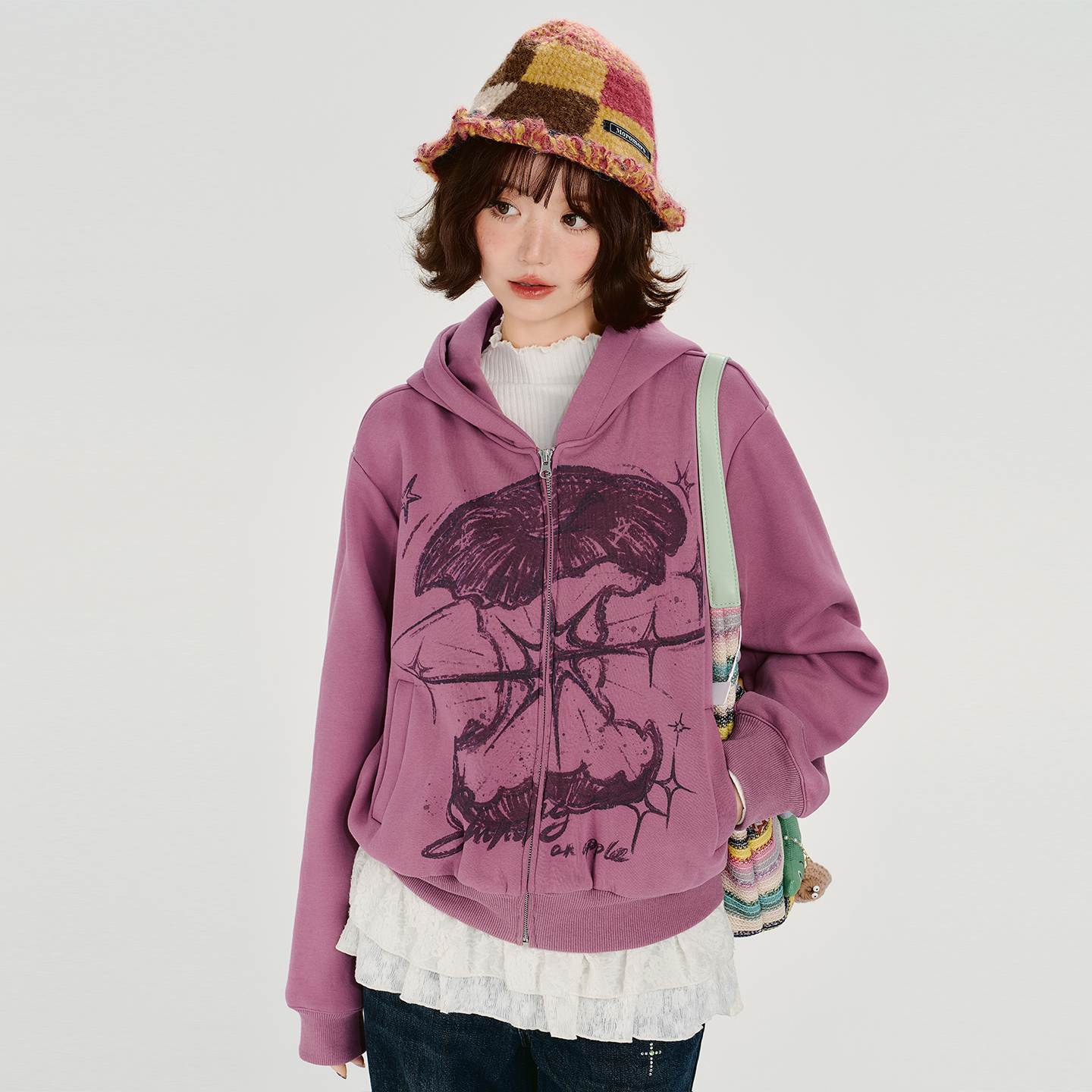 Girlyhalo美式复古印花连帽卫衣外套女秋冬新款加绒短款宽松上衣