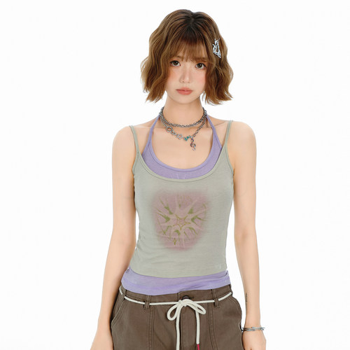 Girlyhalo美式复古烫钻印花两件套吊带背心女夏新款可分开穿上衣
