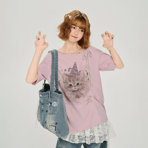 Girlyhalo美式复古大圆领猫咪印花短袖t恤女夏季新款宽松褶皱上衣