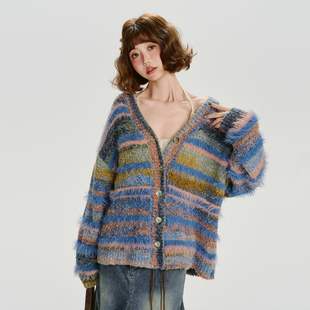 软糯针织上衣 外套女秋冬新款 Girlyhalo美式 复古渐变条纹毛绒开衫