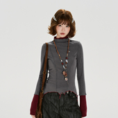 复古辣妹撞色长袖 t恤女秋季 新款 Girlyhalo美式 设计感修身 打底上衣