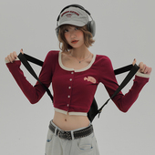 复古假两件针织衫 女秋季 短款 Girlyhalo美式 设计感t恤长袖 辣妹上衣