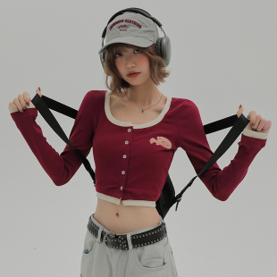 设计感t恤长袖 Girlyhalo美式 短款 女秋季 辣妹上衣 复古假两件针织衫