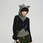 新款 上衣女春季 设计感上衣 复古条纹假两件连帽开衫 Girlyhalo美式