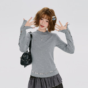 Girlyhalo美式复古木耳领长袖t恤女秋季新款小众设计感修身打底衫