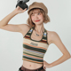 Girlyhalo美式 辣妹彩色条纹挂脖背心女夏度假风别致无袖 内搭上衣