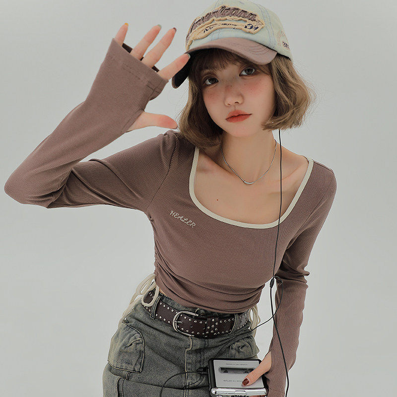 Girlyhalo丝芙罗纹长袖t恤女2023秋冬款内搭打底衫女修身方领上衣