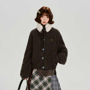 Girlyhalo美式复古可拆卸毛领毛呢外套女冬新款加厚保暖宽松上衣