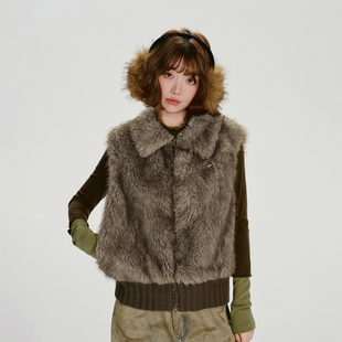 Girlyhalo美式复古驼色翻领毛绒马甲外套女秋冬新款拼接针织上衣