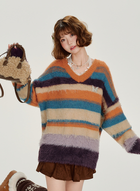 Girlyhalo美式复古彩虹毛针织毛衣女冬季新款软糯宽松慵懒上衣