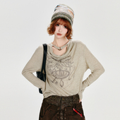 设计感印花宽松显瘦上衣 t恤女春秋新款 Girlyhalo美式 复古荡领长袖