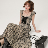 Girlyhalo复古格子连衣裙女夏季 高腰蝴蝶刺绣设计感a字吊带大摆裙