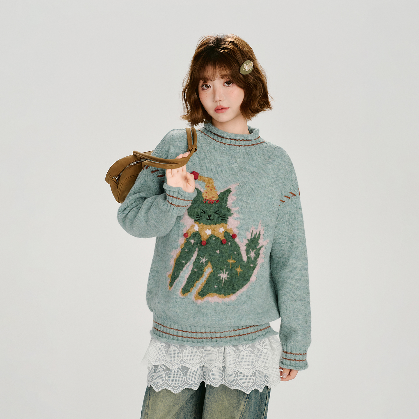 Girlyhalo美式复古动物提花套头圆领毛衣女秋冬新款宽松针织上衣