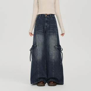 设计感阔腿长裤 Girlyhalo美式 新款 女秋季 复古做旧高腰直筒牛仔裤