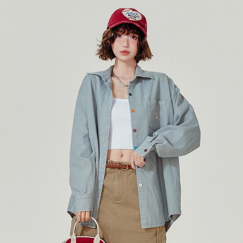 Girlyhalo美式复古蓝白条纹衬衫女秋季彩色扣子宽松休闲衬衣外套