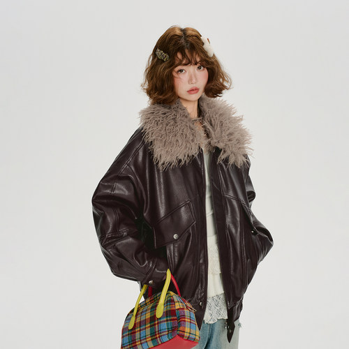 Girlyhalo美式复古棕色毛领皮衣外套女秋冬季新款设计感宽松上衣