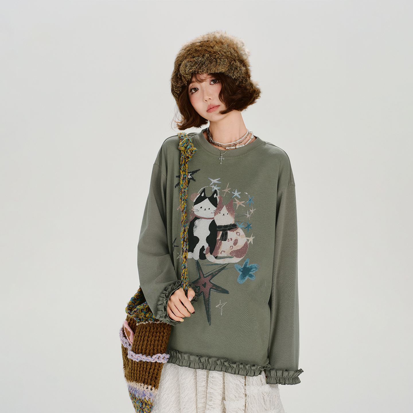 Girlyhalo美式复古卡通印花长袖t恤女秋季新款木耳边宽松休闲上衣