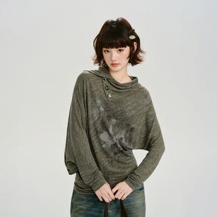 新款 t恤女春季 宽松上衣 复古晕染堆堆领设计感长袖 Girlyhalo美式