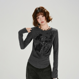 Girlyhalo美式复古印花设计感长袖t恤女春季新款辣妹修身显瘦上衣