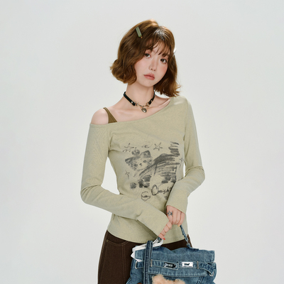 Girlyhalo美式复古印花撞色斜肩长袖t恤女秋季新款修身显瘦上衣