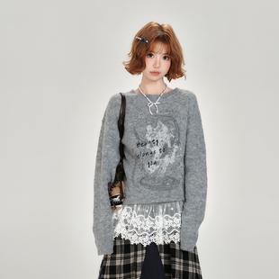 Girlyhalo美式复古拼接蕾丝针织圆领套头毛衣女秋新款设计感上衣