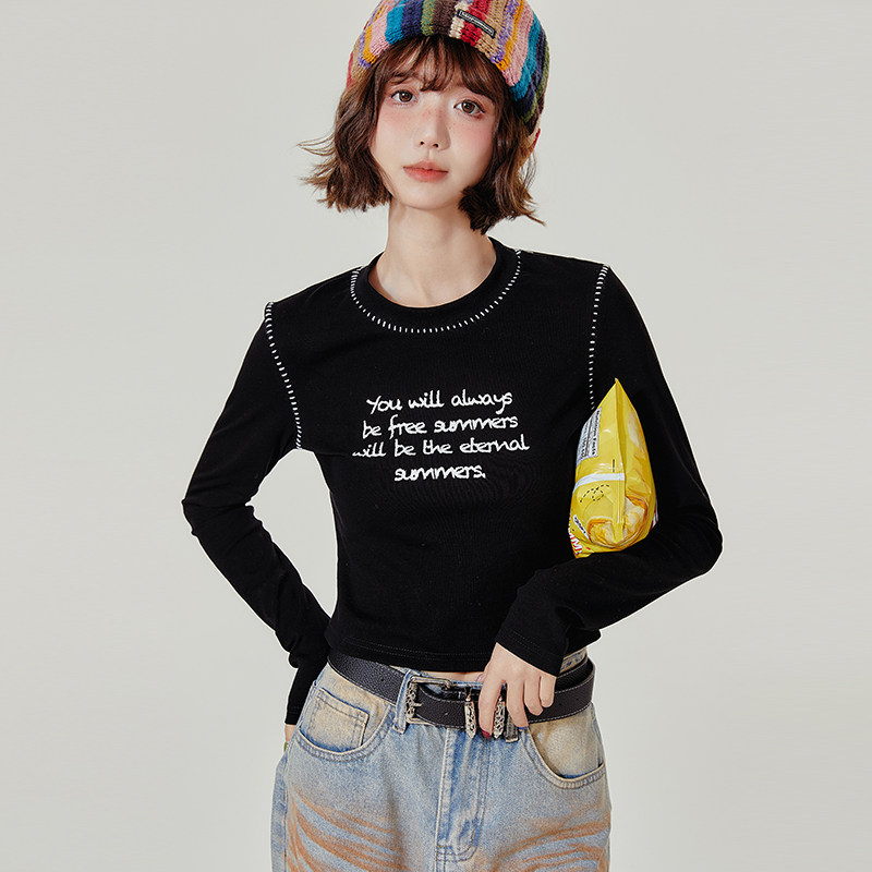 Girlyhalo美式复古长袖t恤女秋季辑白线设计感修身显瘦上衣打底衫,女装/女士精品,T恤,淘宝优惠券,粉丝福利购,淘宝优惠卷