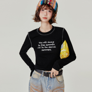 显瘦上衣打底衫 Girlyhalo美式 辑白线设计感修身 t恤女秋季 复古长袖