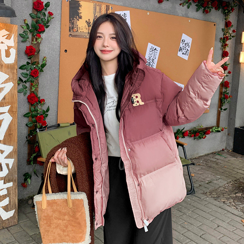 粉色渐变连帽羽绒服女冬新款韩系学生加绒加厚爆款90白鸭绒面包服,女装羽绒服,浙宝123A