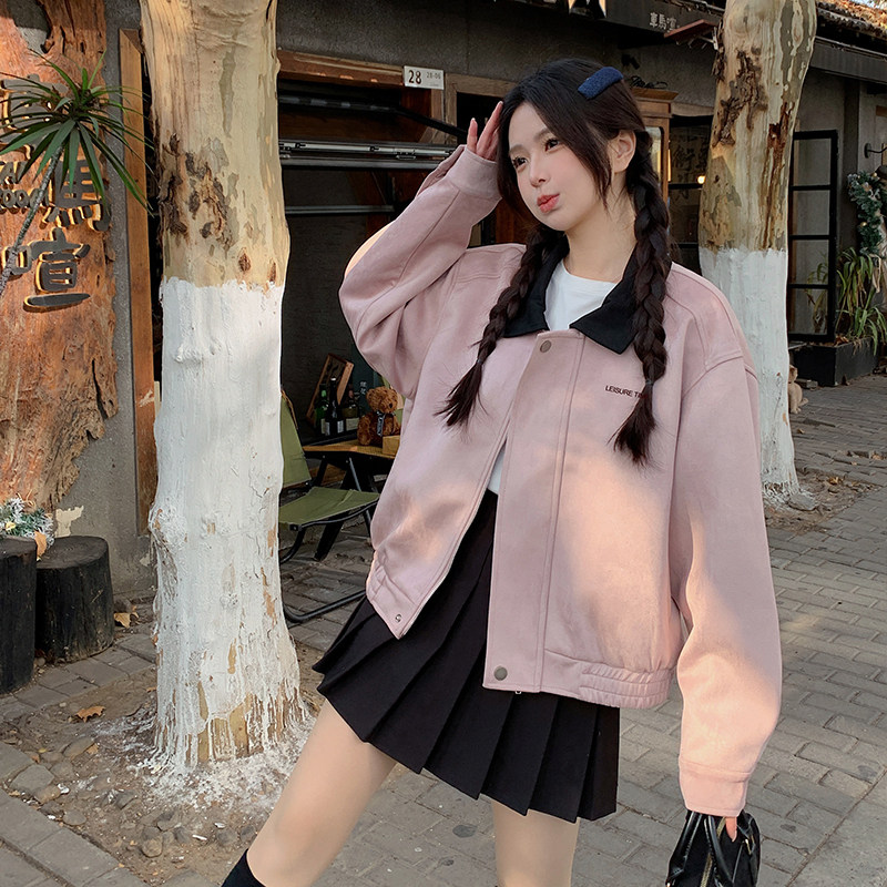粉色设计感翻领夹克外套女短款2025春季新款韩系时尚减龄宽松上衣,女装短外套,浙宝123A
