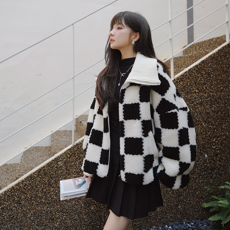 新款！22年秋冬新款棋盘格羊羔毛外套123A-9027-P185K268,女装短外套,浙宝123A