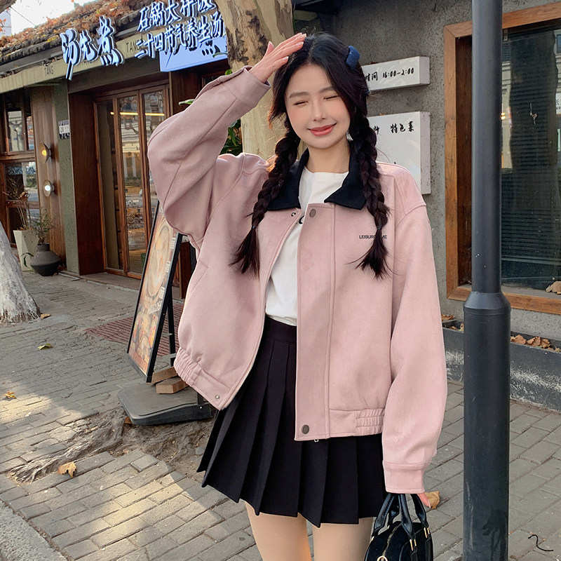 粉色设计感翻领夹克外套女短款2025春季新款韩系时尚减龄宽松上衣,女装短外套,浙宝123A