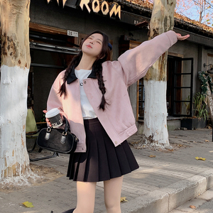 粉色设计感翻领夹克外套女短款2025春季新款韩系时尚减龄宽松上衣图片