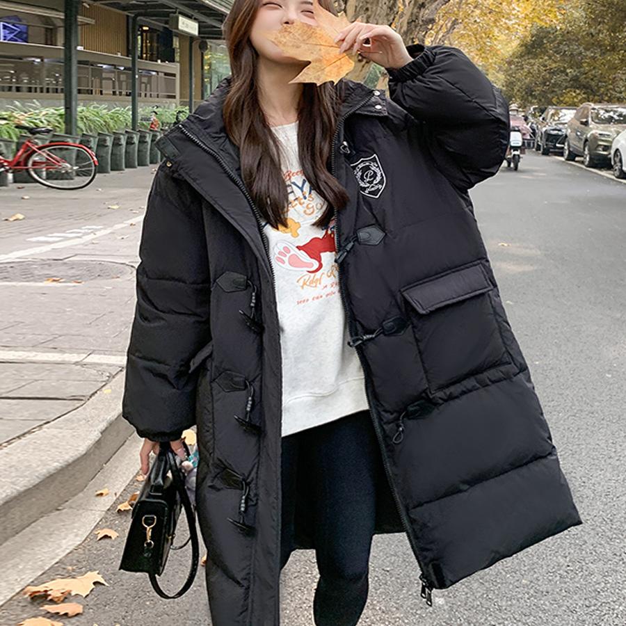 高级感黑色牛角扣羽绒服女冬2024新款学院风中长款90白鸭绒厚外套,女装羽绒服,浙宝123A