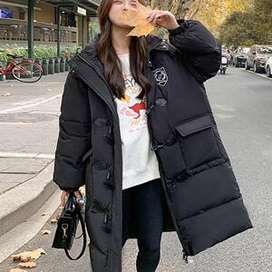 高级感黑色牛角扣羽绒服女冬2024新款学院风中长款90白鸭绒厚外套