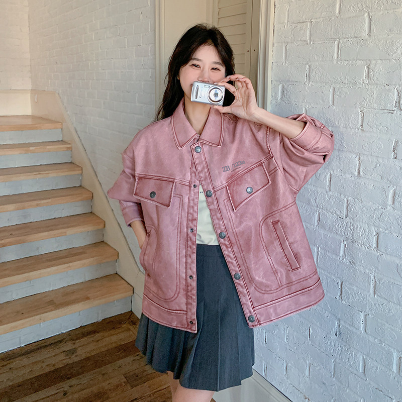 美式高级感粉色短款皮衣外套女春秋2025独特超火好看酷飒机车夹克,女装短外套,2D080