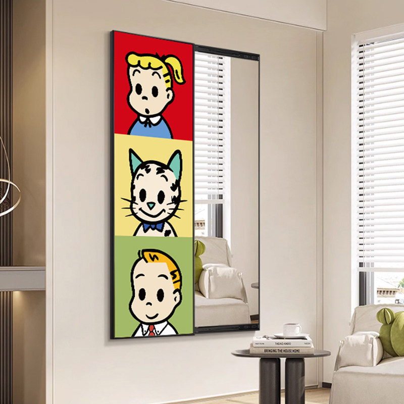 原田治全身镜子客厅装饰画卧室床头挂画卡通隐藏式镜子推拉穿衣镜