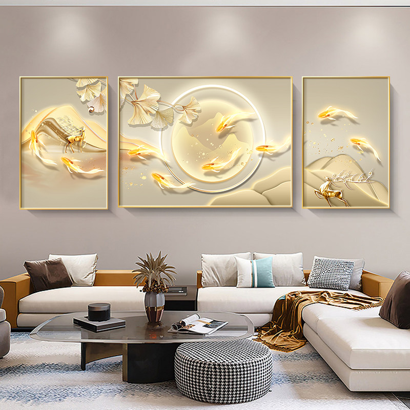 九鱼图客厅装饰画轻奢高级感三联壁画沙发背景墙挂画简约大气墙画,家居饰品,现代装饰画,淘宝优惠券,粉丝福利购,淘宝优惠卷